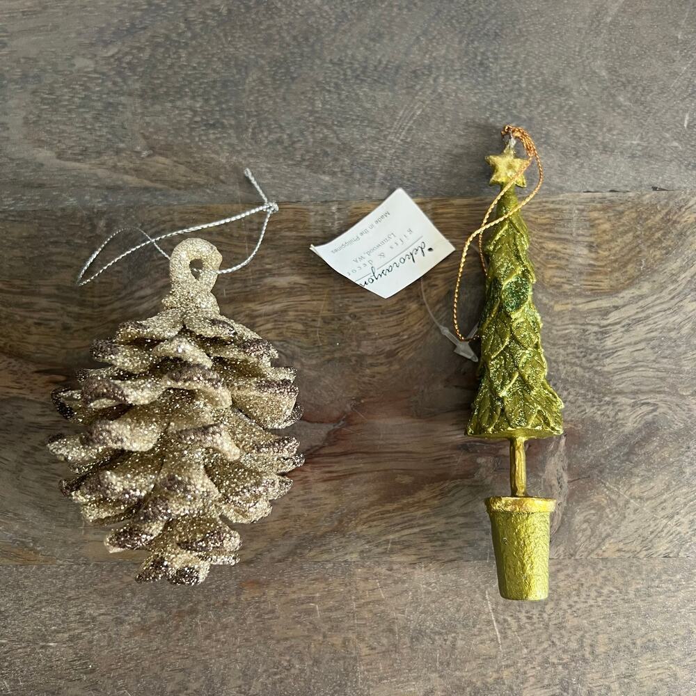 Set of glitter silver pinecone and green Christmas tree ornaments